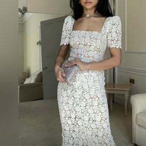 Self-Portrait Ivory Guipure Lace Fitted Midi Dress